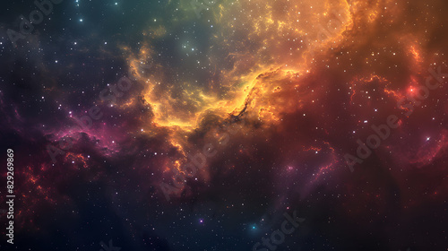 A starry sky with a large cloud of orange and brown