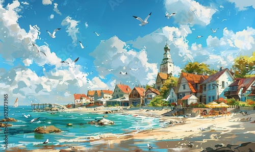 Sketch coastal village, with sandy beaches, colorful umbrellas, and lazy seagulls soaring overhead near the harbor, Generate AI.