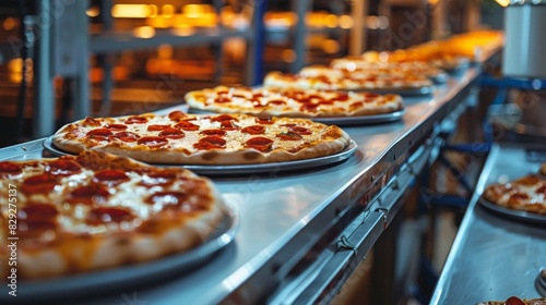a row of pepperoni pizzas traveling on a metal conveyor belt inside an industrial kitchen.
