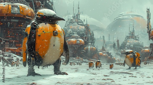techno punk intelligent penguin civilization battle steampunk walrus, epic battlefield, mass carnage everywhere, all hope is lost. Generate AI.