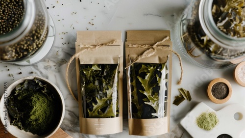 Stylish and sustainable packaging for fresh kelp, dried kelp, and kelp powder on a kitchen counter