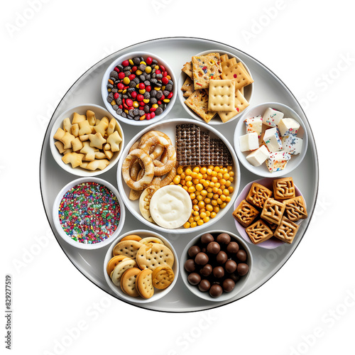 Top view of a snack platter with various colorful candies, pretzels, crackers, and chocolates arranged in an artistic circular fashion.