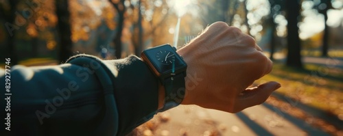 A person wearing a black smartwatch is checking the time while jogging in a park. 