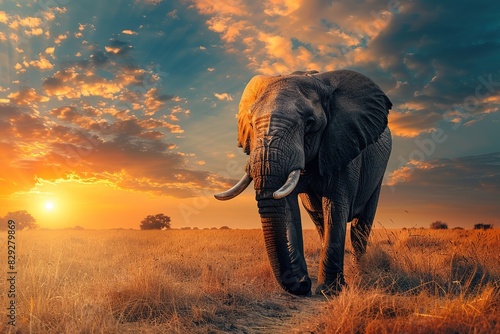 Elephant on beautiful sunset in natural environment