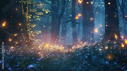 Radiant glow from fireflies in enchanted forest