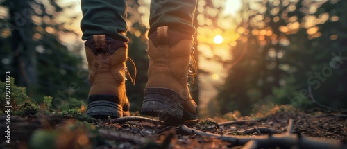 Hiker's sturdy boots taking the first steps of an adventurous journey