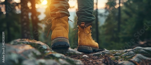 Hiker's sturdy boots taking the first steps of an adventurous journey