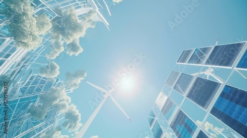 Renewable energy concept featuring solar panels and wind turbines under a bright blue sky