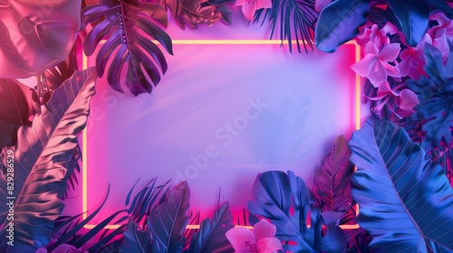 Bright pop-art mockup with neon frame surrounded by tropical leaves and flowers
