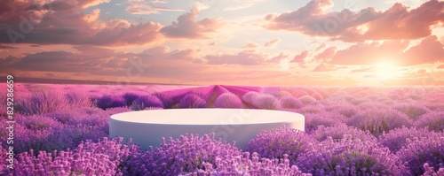 Stunning summer mockup with a central podium in a picturesque lavender field at sunset