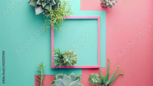 Modern pop-art mockup featuring a geometric frame with succulents on a pastel background