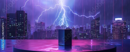 Striking pop-art styled mockup with a podium in a futuristic cityscape with lightning