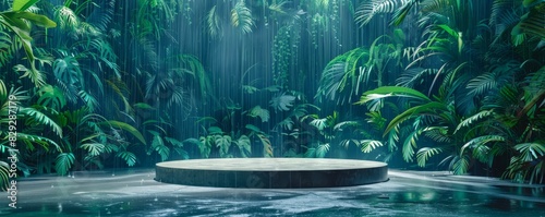 Creative pop-art style mockup with central podium surrounded by vibrant jungle foliage