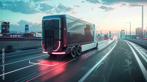 A concept of a self-driving delivery truck on a highway, logistics, dynamic and dramatic compositions. Background for business