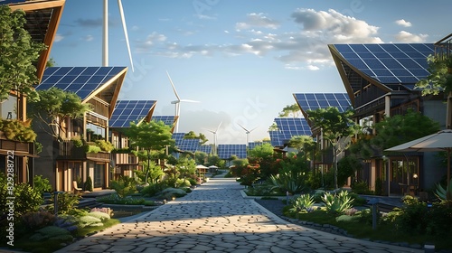 Digital renders of sustainable town with solar panels and wind energy 