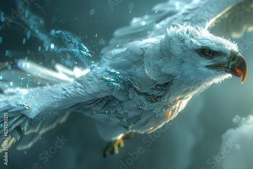 An editorial shot of a cyborg eagle in hot pursuit of a fish, set against the backdrop of a futuristic world, portrayed with cinematic intensity