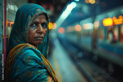A photograph of an Indian woman waiting patiently for a train at a bustling Mumbai station, captured in a documentary photography style