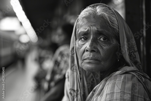 A photograph of an Indian woman waiting patiently for a train at a bustling Mumbai station, captured in a documentary photography style
