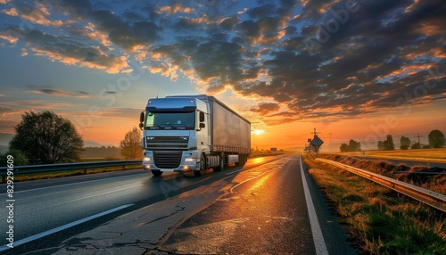 Truck and cargo on road during sunset