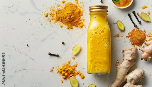 Turmeric smoothie with ingredients in glass bottle on white or light grey background copy space top view
