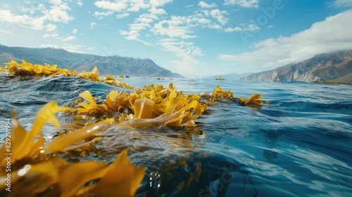 Kelp harvesting in a beautiful ocean setting, showcasing the natural environment and healthy kelp