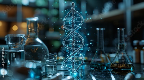 Laboratory glassware and a glowing 3D DNA model on a lab bench, representing scientific research and biotechnology innovation.