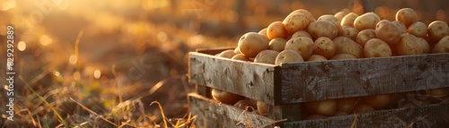 Agricultural Concept: Freshly harvested potatoes in a rustic crate bask in the golden hour sunlight