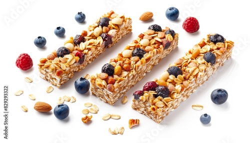 Two muesli bars on a white background one untouched and one damaged consisting of a healthy mix of cereal nuts oatmeal and berries perfect for a sweet dessert