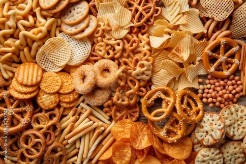 Unhealthy assortment of fast carbs snacks harmful for body