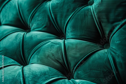 Vintage emerald velour sofa with quilted upholstery and blurred background