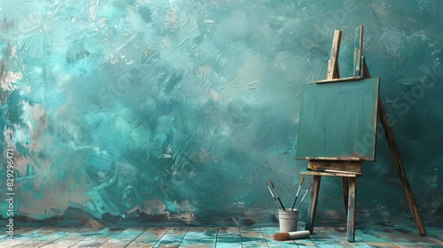 Serene Artistry, Wooden Easel Against a Turquoise Backdrop