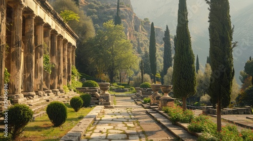 A serene courtyard surrounded by colonnades in the ancient city of Delphi