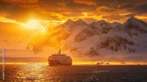 Expedition ship cruising under the golden midnight sun by snowy mountains