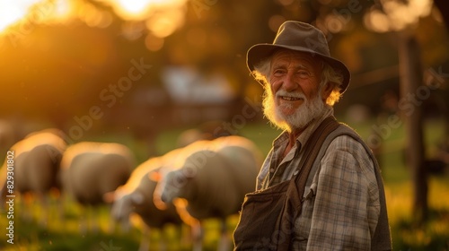 Morning light caresses a contented farmer amidst grazing sheep, his face reflecting the peace found in a life attuned to nature's rhythm.