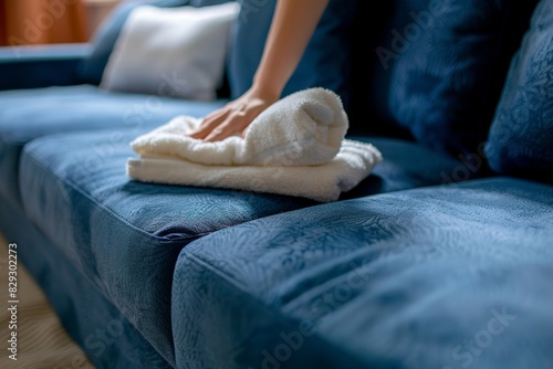 Woman cleaning blue sofa removing stains with white cloth