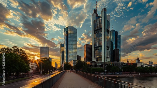 Modern bank towers in Frankfurt at late afternoon captured in wide angle 