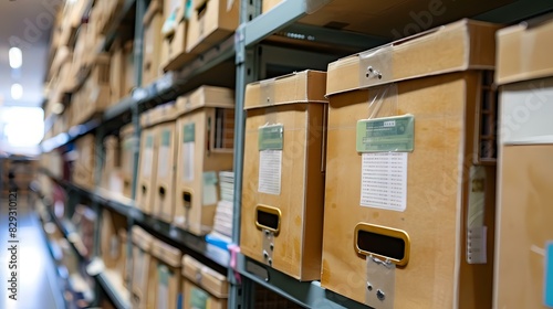 A well-organized archive room featuring rows of neatly labeled storage boxes on metal shelves