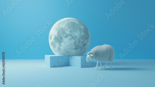 eid ul adha blue background with a crescent moon and clouds. There are white fluffy sheep standing on the ground with some grass