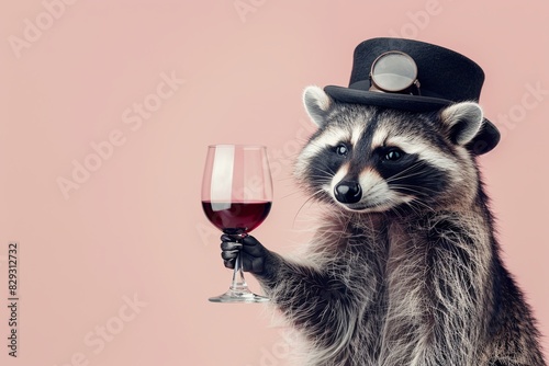 Classy Raccoon: A raccoon wearing a bowler hat and monocle, holding a glass of red wine with its paw