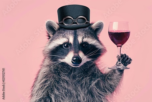 Classy Raccoon: A raccoon wearing a bowler hat and monocle, holding a glass of red wine with its paw