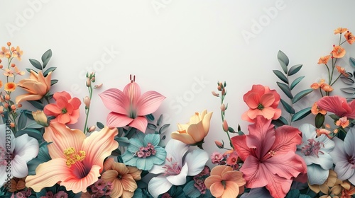3D Mural Illustration A captivating 3D mural depicting a vibrant floral arrangement, set against a pristine white backdrop Perfect for adding a touch of nature and elegance to any space