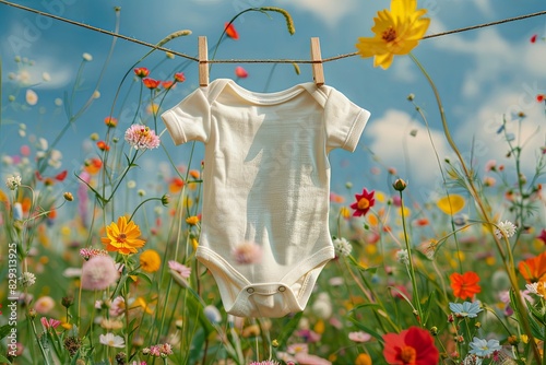 Garden Delight: An adorable baby onesie hanging on a string with wooden clips, positioned in the midst of a flourishing field of flowers