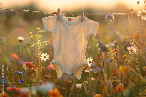 Garden Delight: An adorable baby onesie hanging on a string with wooden clips, positioned in the midst of a flourishing field of flowers