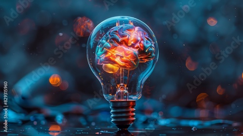 A light bulb with a colorful, abstract brain inside, symbolizing the birth of a creative idea.