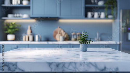 Modern empty white marble table or kitchen island on blue color furniture, blurred bokeh kitchen room interior background. For display of assembly products.