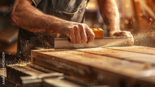 A man operates a woodworking machine to cut a board displaying a close up of the sawing in progress