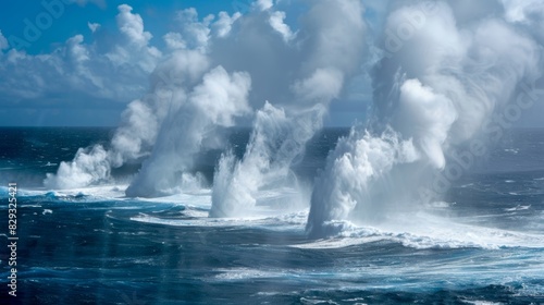 The air tinged with a misty spray as multiple water spouts gather strength over the sparkling blue ocean.