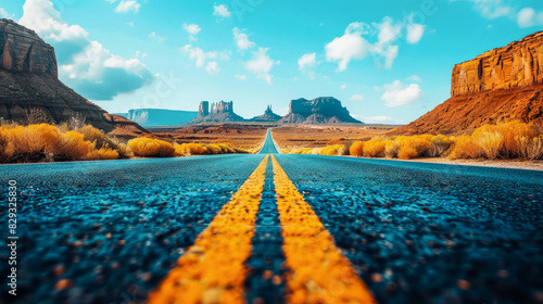 Empty asphalt road through southwestern desert buttes summer landscape. Mountainous desert area with sparse vegetation. Blue sky with clouds. For postcards, banners, travel ads. Copy space.