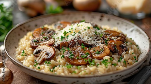 A plate of savory mushroom risotto, garnished with Parmesan.