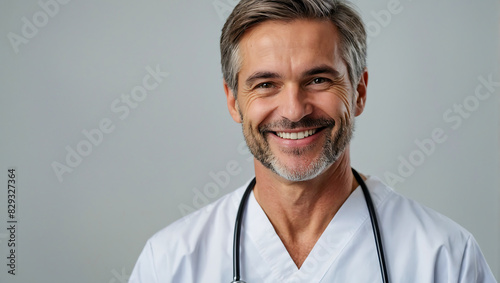 Portrait of a trustworthy professional smiling doctor wearing white coat with a clean background